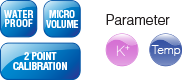 K +, temperatura, prueba de agua, micro volumen, calibración de 2 puntos