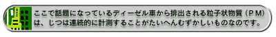 ここで話題になっているディーゼル車から排出される粒子状物質(PM)は、じつは連続的に計測することがたいへんむずかしいものなのです。
