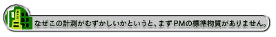 なぜこの計測がむずかしいかというと、まずPMの標準物質がありません。